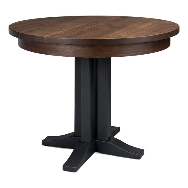 Vintage Solid Maple Round Pedestal Breakfast Table in Old Chapel Smoked Walnut & Obsidian Blue For Sale