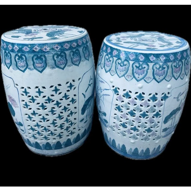Hollywood Regency MidCentury Chinese Export Chinoiserie Porcelain Garden Stools With Lotus and Bird Motifs - A Pair For Sale - Image 4 of 8