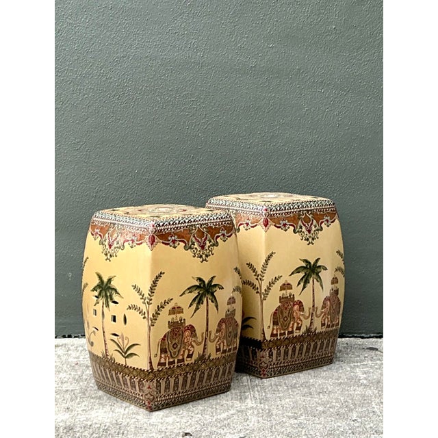 This exquisite pair of vintage glazed ceramic stools features a captivating Anglo-Indian motif, blending Chinoiserie...