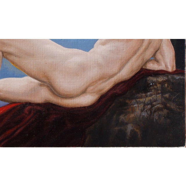 Figurative Reclining Man by John Tarantola | Oil on panel of a nude man reclining against a moonlit background For Sale - Image 3 of 4