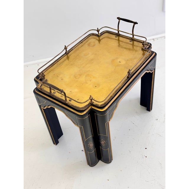Vintage Regency Style Black Lacquer and Brass Side Table With Chinoiserie Detail For Sale - Image 9 of 16