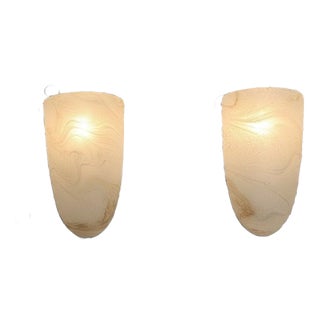 Frosted Amber Glass and Wrought Iron Wall Sconces with Metal Frames, Set of 2 For Sale