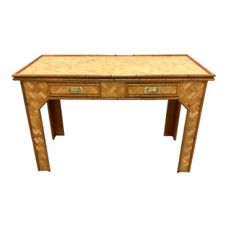 Vintage Woven Rattan and Bamboo Desk With Drawers For Sale