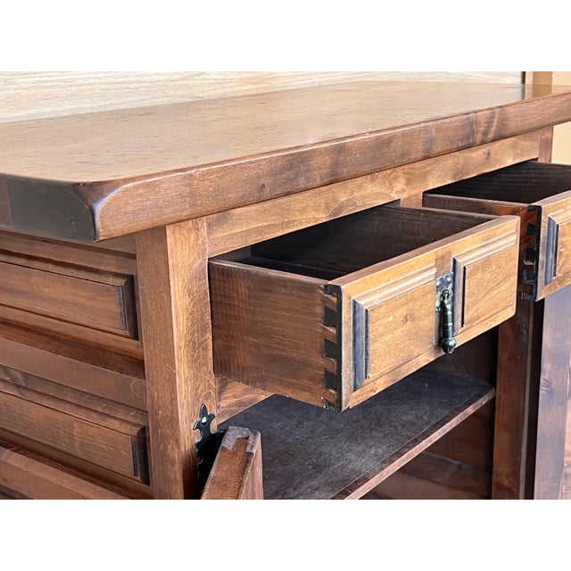 Wood 19th Spanish Baroque Carved Walnut Tuscan Two Drawer Credenza or Buffet For Sale - Image 7 of 18