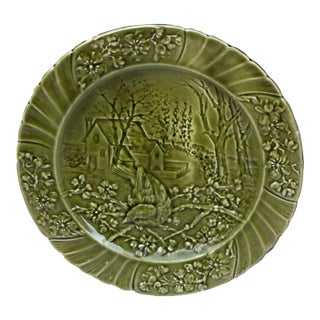 19th Century Green Majolica Bird Plate Sarreguemines For Sale