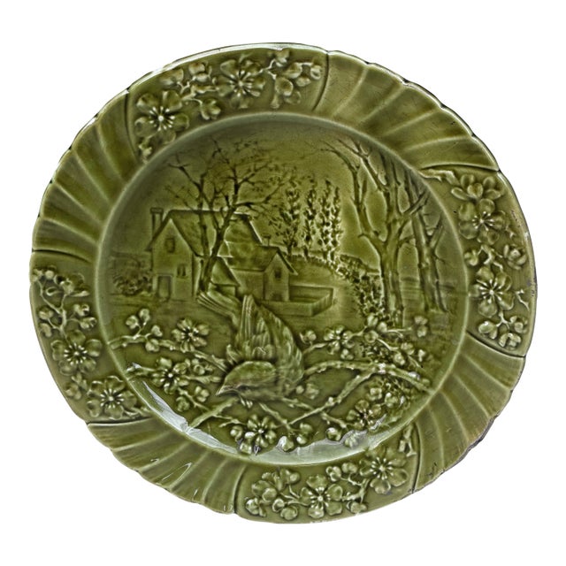 19th Century Green Majolica Bird Plate Sarreguemines For Sale