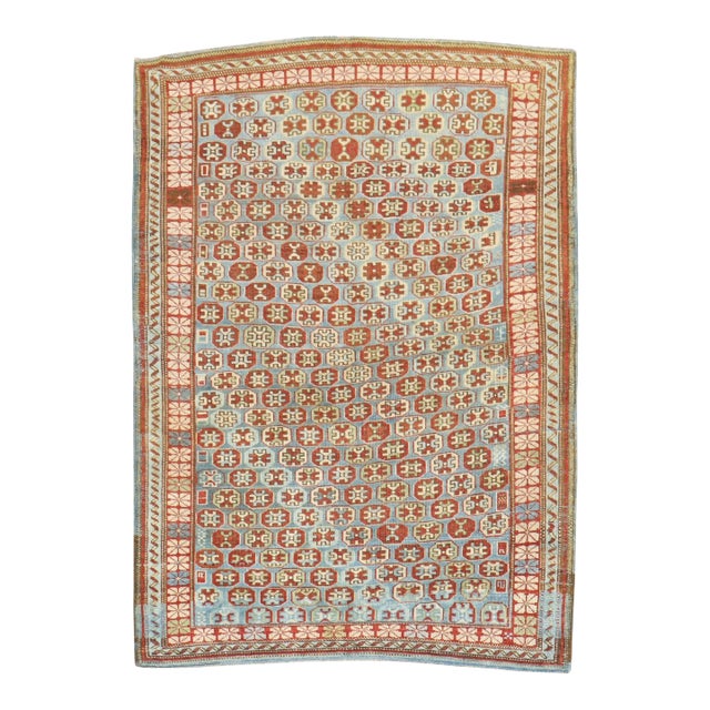 19th Century Blue Antique Caucasian Kuba Rug - 3'8" x 4'10" For Sale