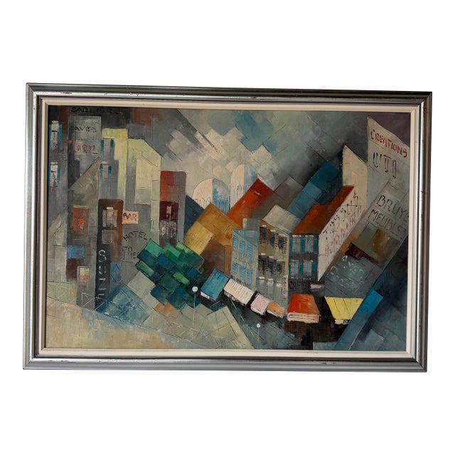 1970’s Mid-Century Impressionist Geometric Abstract Cityscape Oil on Canvas Painting, Framed For Sale