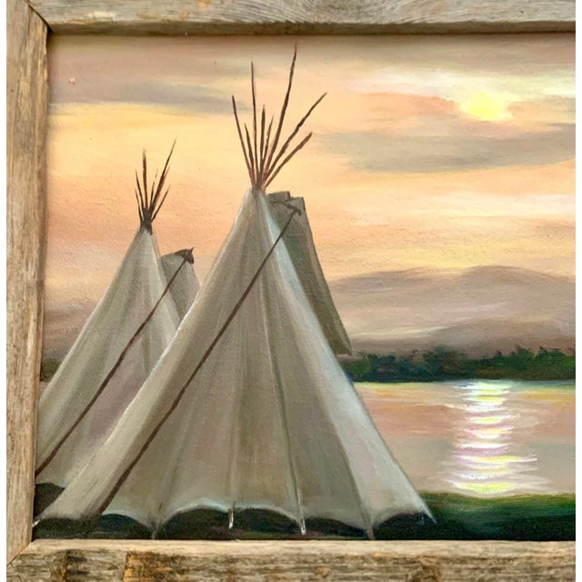 Painting Teepee by Sunset Oil on Canvas Signed Elaine Rhoades Vintage Native Art For Sale - Image 4 of 6