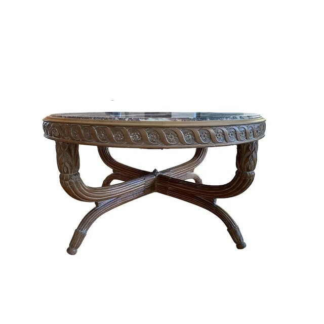 1940s 1940s Hollywood Regency Style Finely Carved Round Coffee Table, Viola Marble Top For Sale - Image 5 of 7