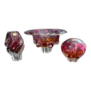 Mid-Century Chribska Art Glass Set by Joseph Hospodka- 3 Piece Bohemian Cranberry and Amber Collection For Sale