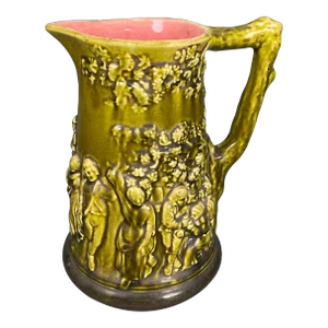 Antique French Sarreguemines Judaica Majolica Tavern Pitcher
