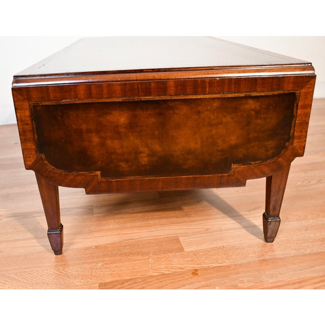 1930s Weiman English Regency Flame Mahogany Inlay Leather Top Drop Leaf Coffee Table For Sale - Image 10 of 18