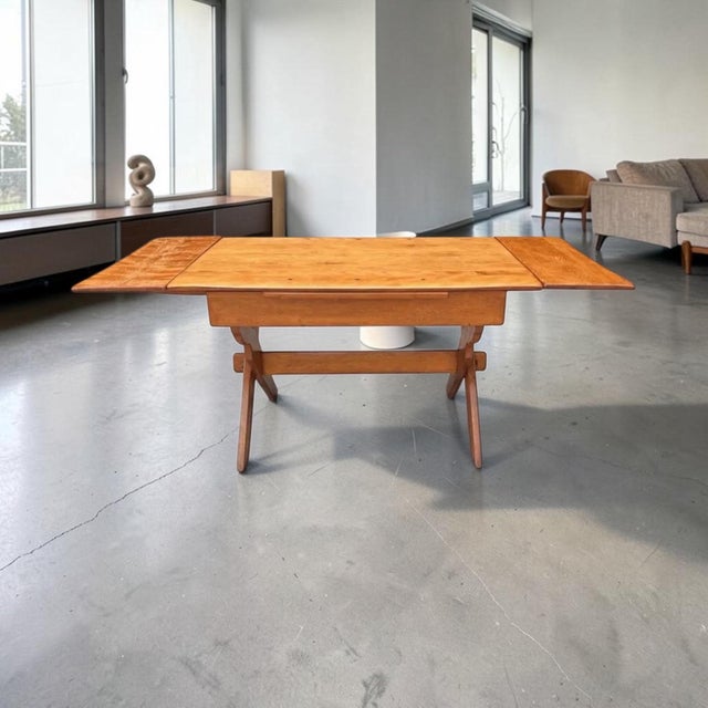 Brown Mid 20th Century High Quality Cushman of Vermont Trestle Base/ Hard Rock Maple/Draw Leaf Table. For Sale - Image 8 of 11