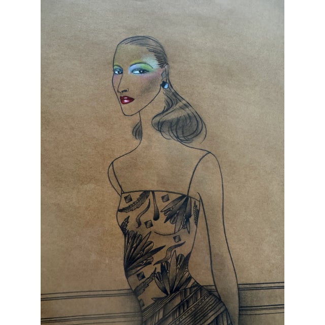 Brown 1970’s Framed Fashion Illustration in the Style of Halston For Sale - Image 8 of 10