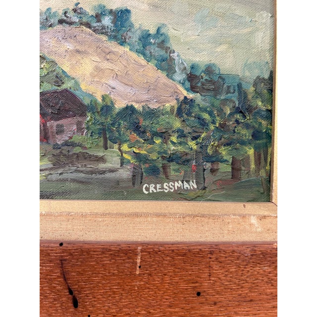 Vintage Primitive Impressionist Farm Landscape Oil Painting in Wood Frame For Sale - Image 4 of 6