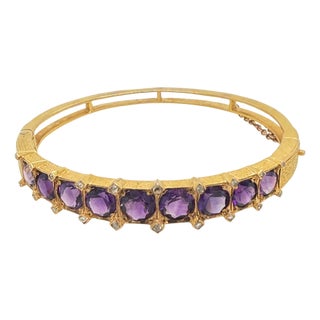 Late 19th Century Victorian 14k Gold Amethyst & Diamond Hinged Bangle Bracelet For Sale