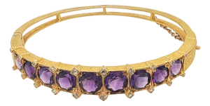 Late 19th Century Victorian 14k Gold Amethyst & Diamond Hinged Bangle Bracelet