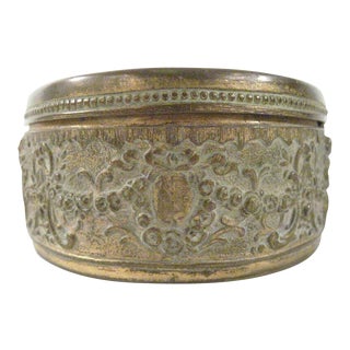 1900 Antique Continental Gilt Metal Oval Jewelry Box With Pastoral Landscape For Sale