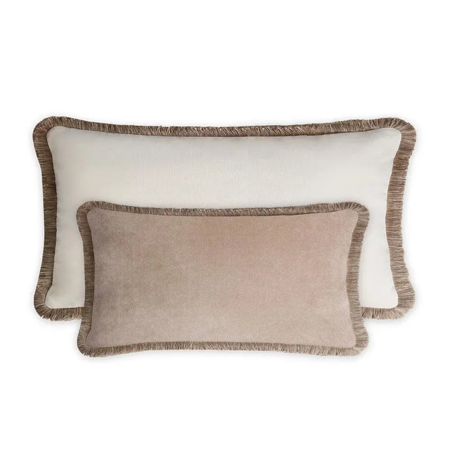 Couple Happy Pillow in Beige and White Velvet with Fringes from Lo Decor, Set of 2 For Sale - Image 9 of 9