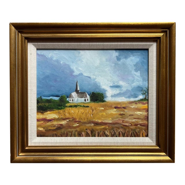 Original Impressionist Oil Painting New England Landscape With Church For Sale