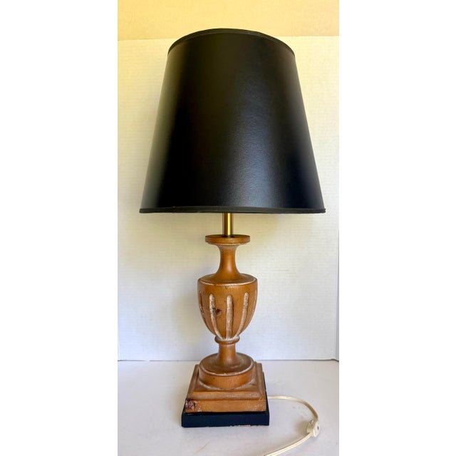 Vintage Neoclassical Whitewashed Carved Wood Urn Table Lamp With Black Shade For Sale - Image 10 of 11