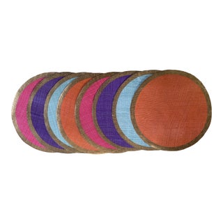 Jewel Tone Woven Raffia Placemats With Gold Border - Set of 8 For Sale