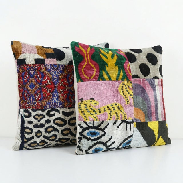 This beautiful 19'' x 20'' & 20'' x 20'' Silk Ikat Velvet pillow cover set was made from authentic Uzbek handwoven silk...