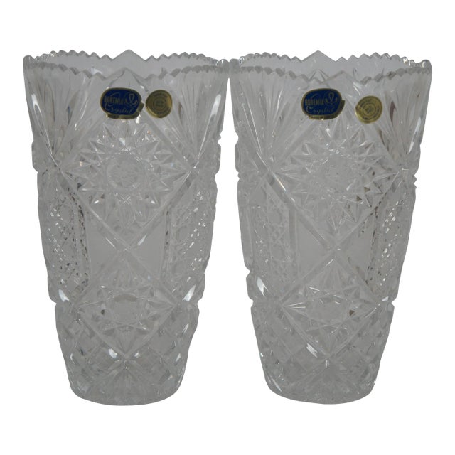 Mid 20th Century Czech Bohemian Hand Cut Crystal Queen Lace Sawtooth Flower Vases Pair For Sale