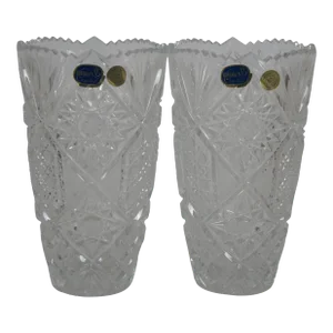 Mid 20th Century Czech Bohemian Hand Cut Crystal Queen Lace Sawtooth Flower Vases Pair