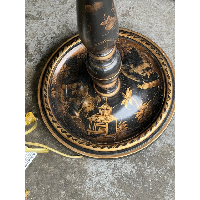 Vintage Black Lacquer Gold Chinoiserie Wood Floor Lamps a Pair For Sale - Image 4 of 8