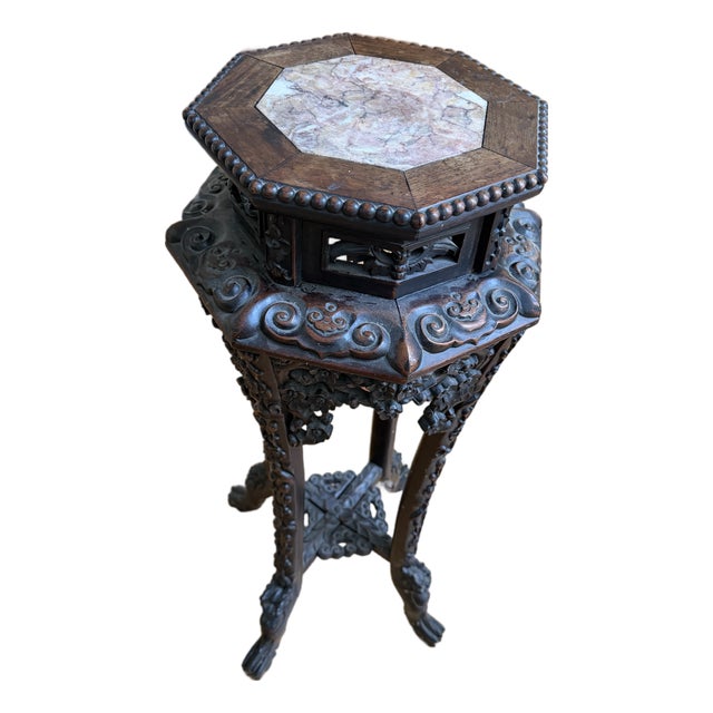 Antique Chinese Carved Hardwood Plant Stand Table With Marble Inset For Sale