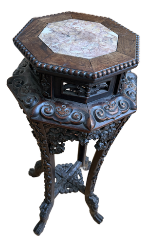 Antique Chinese Carved Hardwood Plant Stand Table With Marble Inset
