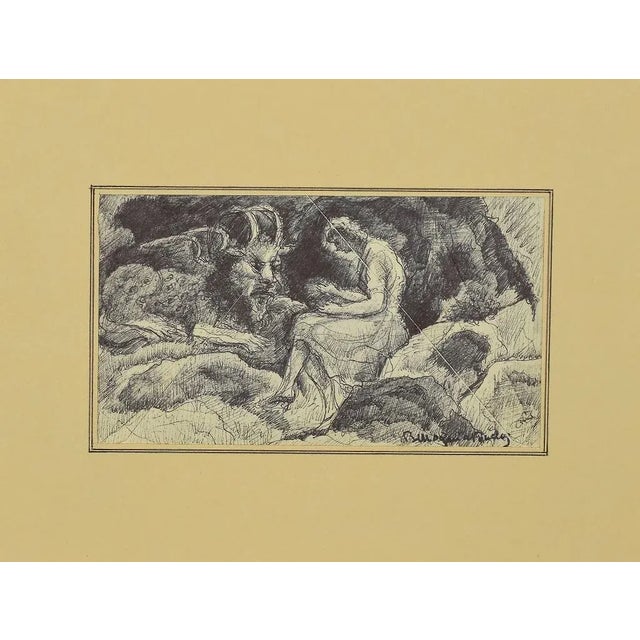 Figures with Dragon is an original black and white drawing in pen on ivory-colored paper, realized by the french painter...