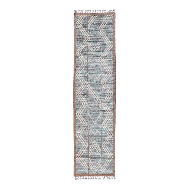 Modern Hand-Knotted Runner in Wool With Diamond Design With Teal, Ivory Tones For Sale