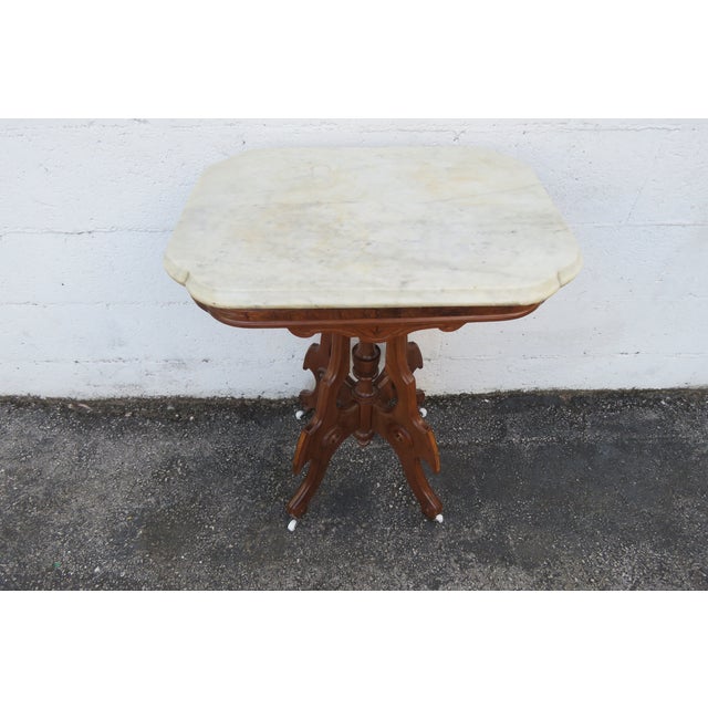 Late 1800s Victorian Eastlake Marble Top Carved Side Table 6295 For Sale - Image 15 of 17