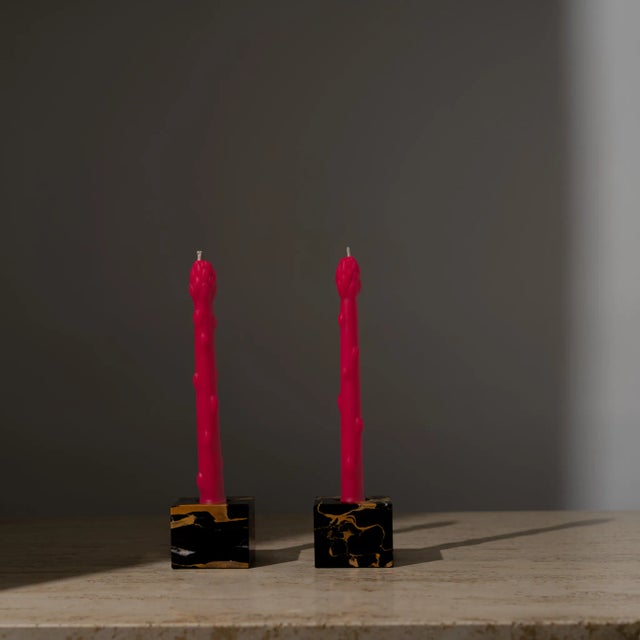 Chinoiserie Asparagus Beeswax Taper Candles in Dragonfruit Pink - a Pair For Sale - Image 3 of 5