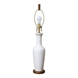 1970s Mid Century Modern White Ceramic Table Lamp, Wood Base 29" Rewired For Sale