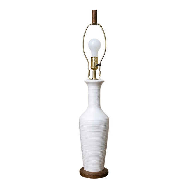 1970s Mid Century Modern White Ceramic Table Lamp, Wood Base 29" Rewired For Sale