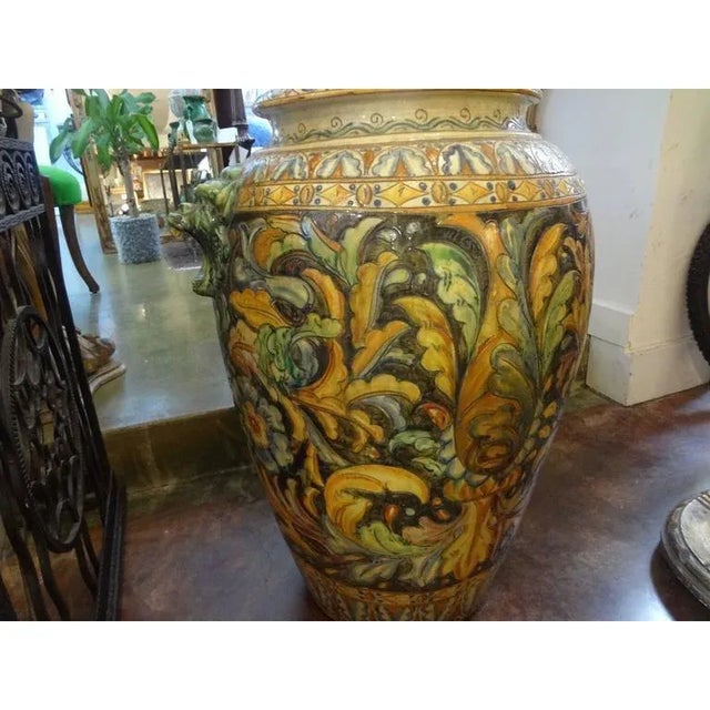 Saffron Large 1920's Italian Glazed Terracotta Urn For Sale - Image 8 of 11