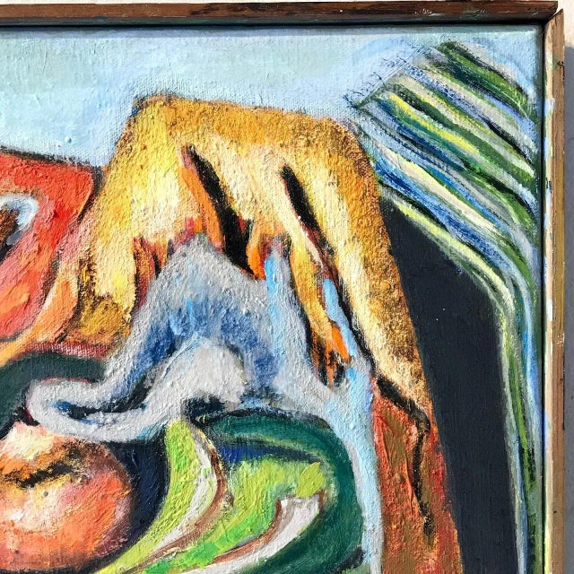 Vibrant shapes and colors. Acrylic on canvas. Inscribed on back of canvas- may include signature or title. In simple wood...