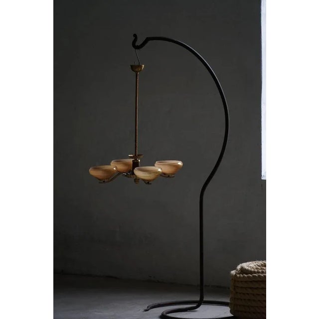 1940s Art Deco Four-Arm Pendant in Glass and Brass, Sweden, 1940s For Sale - Image 5 of 14