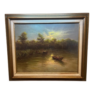 Late 20th Century Original Oil/Acrylic Painting Two Boats in the Moonlight, F. Raquel Moncayo Framed For Sale