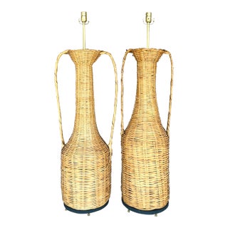 Vintage Boho Woven Rattan Urn Lamps - Set of 2 For Sale