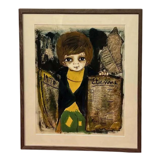 Collage and Watercolor of a Newsboy by Roger Etienne For Sale