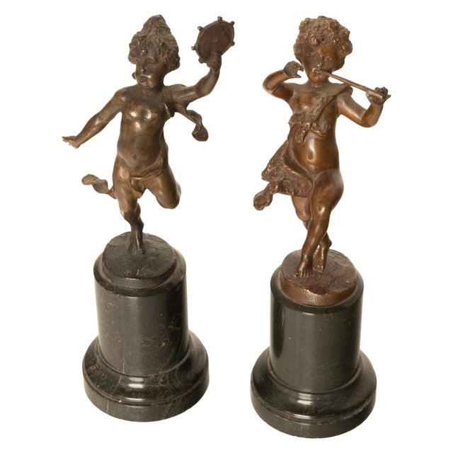 Pair Antique French Bronze Marble Putti Dancing Musicians Statues Sculpture 1860 For Sale - Image 9 of 13