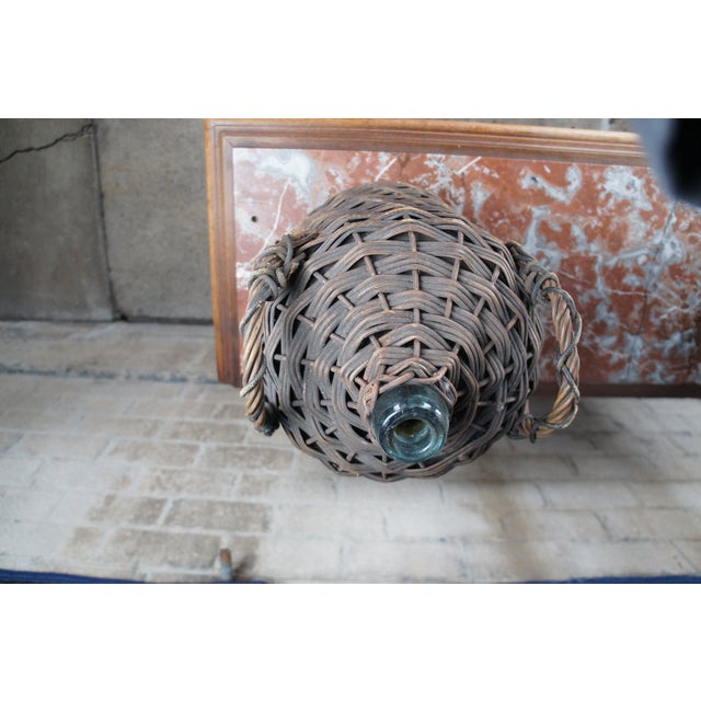 Early 20th Century Antique French Wicker Wrapped Green Glass Demijohn Wine Bottle Jug Carboy For Sale - Image 5 of 9