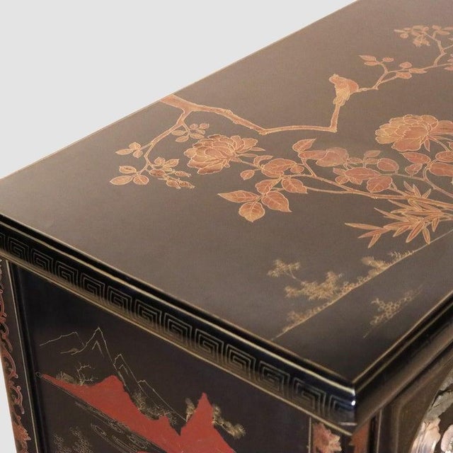 Early 20th Century Chinese Ebonized & Gilt Credenza With Figural & Floral Soap Stone Inlay 20thC For Sale - Image 12 of 17