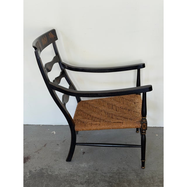 Wood English Regency Style Crackle Finish Chinoiserie & Classical Stenciled Rush Seat Armchair For Sale - Image 7 of 12