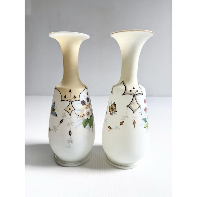 Bristol Porcelain Matching Pair of Antique Bristol Glass Vases With Hand Painted Flowers & Butterflies For Sale - Image 4 of 17